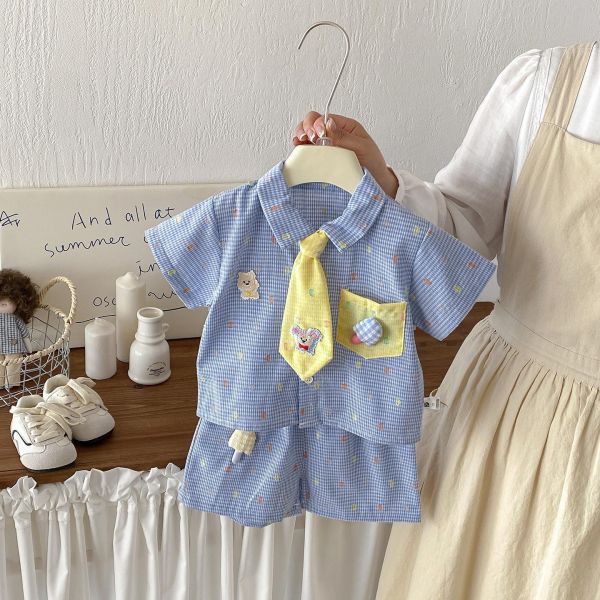 可愛娃娃領帶格紋兩件式套裝 