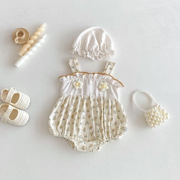 田園風碎花背帶鬆緊包屁衣+帽 