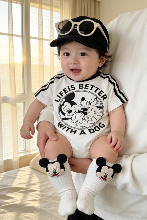 落肩雙槓米奇印花寬鬆包屁衣(贈襪)(2款) 