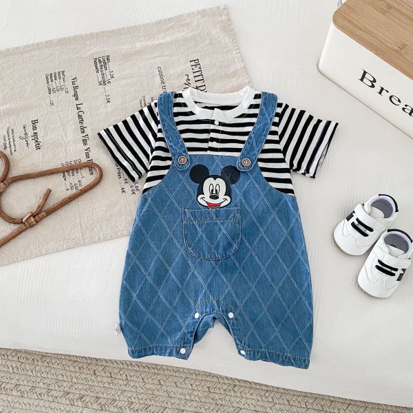 假兩件條紋牛仔米奇連身裝 