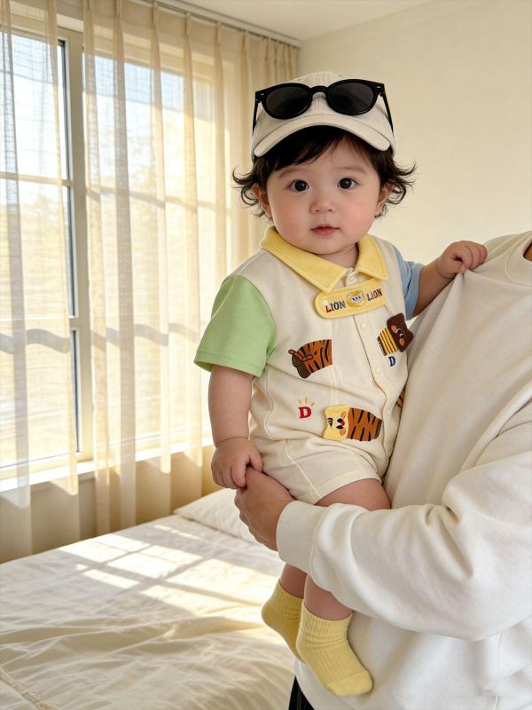 撞色翻領拼袖娃娃小獅子連身裝 