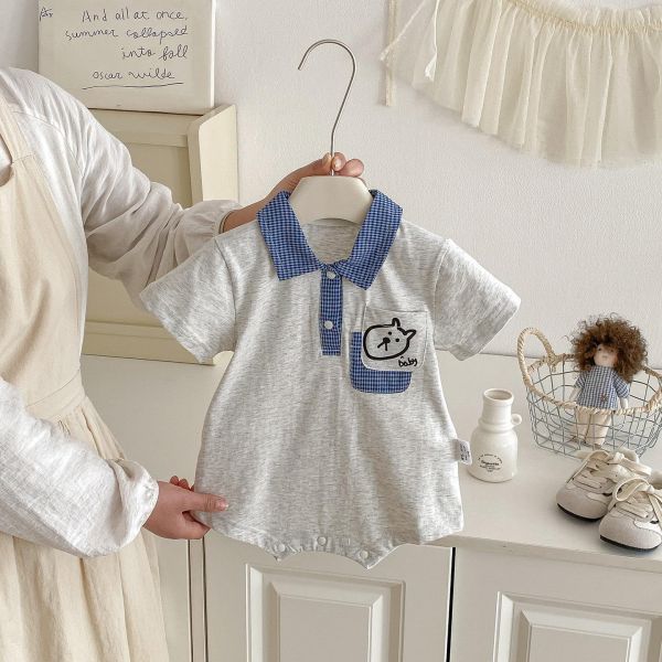 格子翻領狗狗單口袋包屁衣 