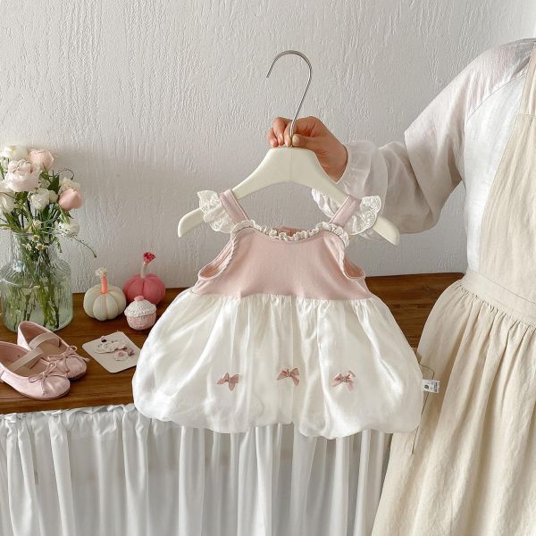 假兩件蕾絲拼接蝴蝶結澎澎連身裙 