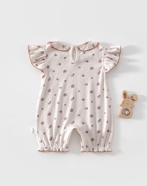 碎花彈力微孔花領飛袖連身裝 