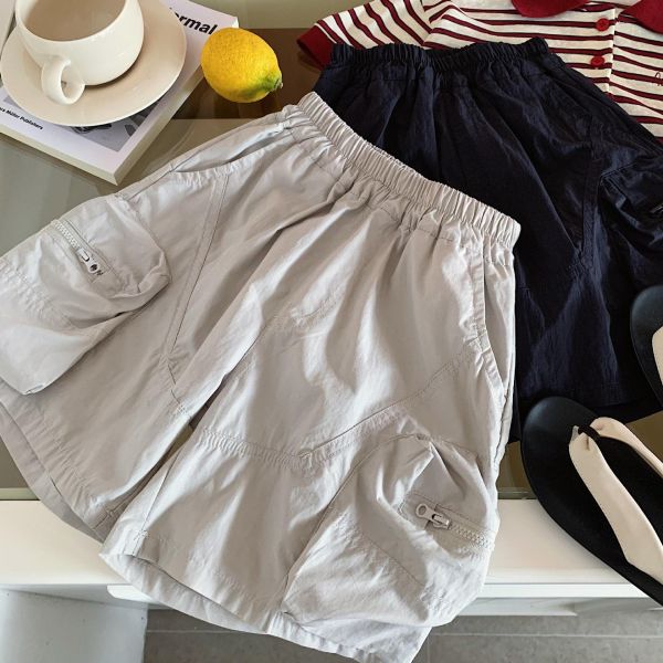 New素色雙拉鍊口袋五分短褲 