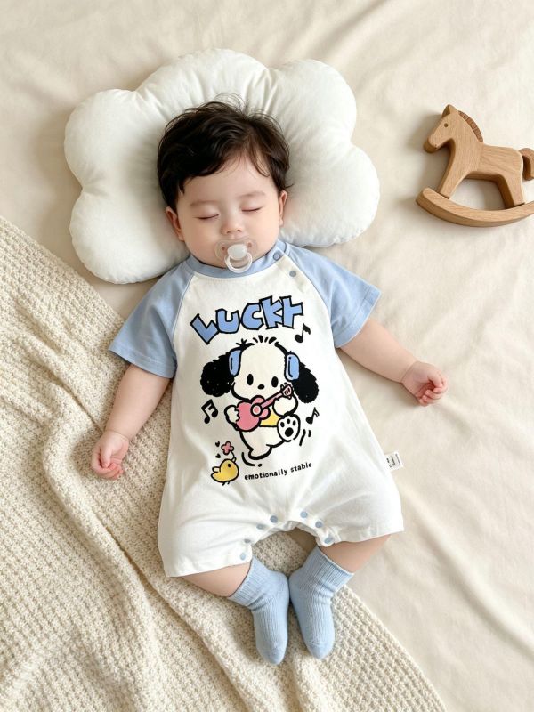 拼袖可愛長耳狗狗印花連身裝(贈襪) 