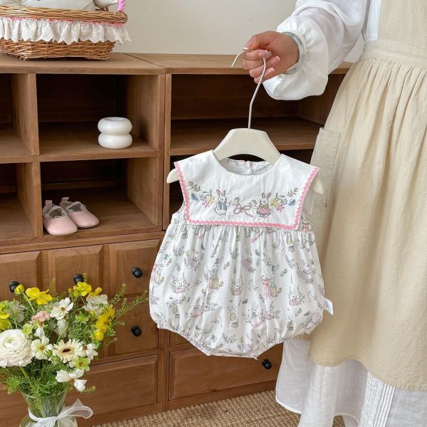 大方領兔子碎花田園包屁衣 