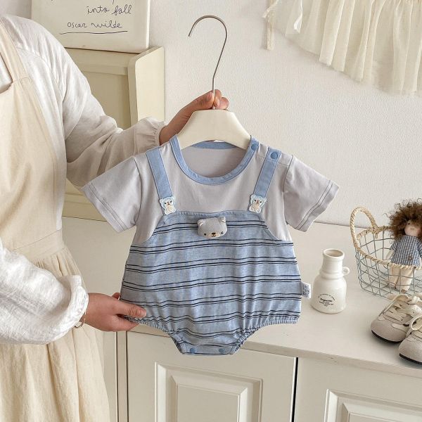 假兩件小熊吊帶條紋包屁衣 
