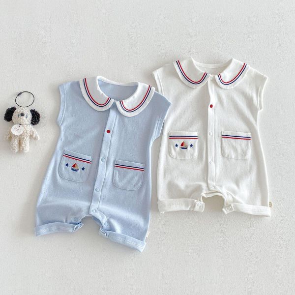 海軍風翻領素色雙口袋連身裝 