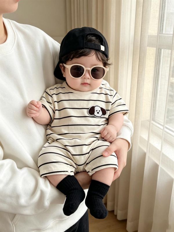 狗狗貼布條紋彈力連身裝(2色) 