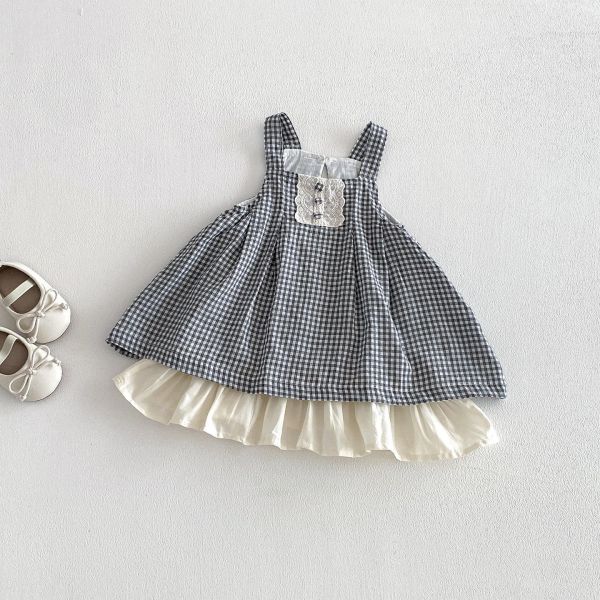 假兩件格紋蕾絲拼接背心式洋裝 