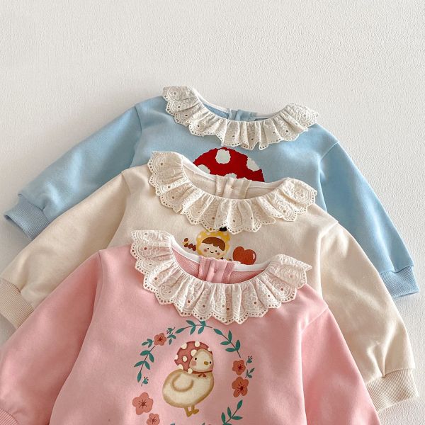 蕾絲領卡通上衣/條紋喇叭彈力褲 