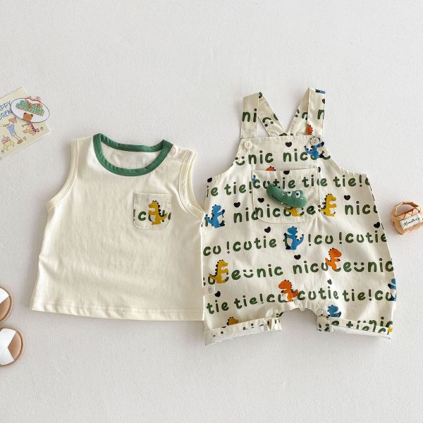 口袋背心+滿版字母恐龍吊帶褲套裝 