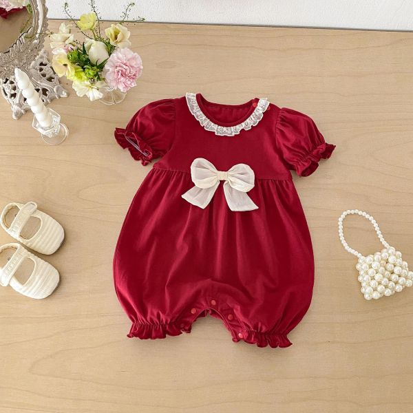 酒紅大蝴蝶結蕾絲領口連身裝 