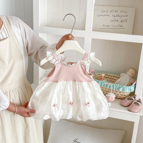 假兩件蕾絲拼接蝴蝶結澎澎連身裙 