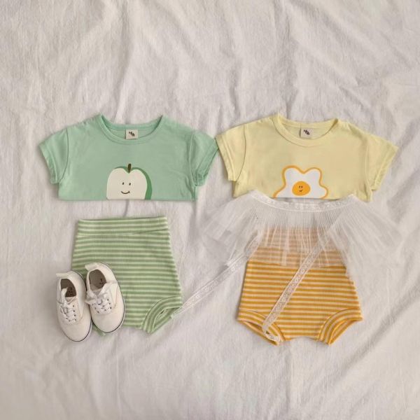 荷包蛋/蘋果上衣+條紋包屁短褲套裝 