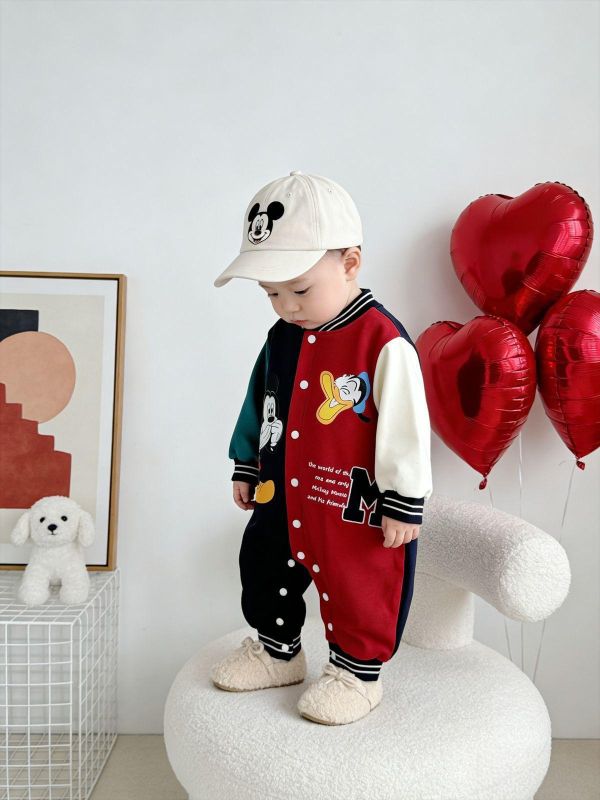 米奇唐老鴨亮眼撞色開釦連身裝 