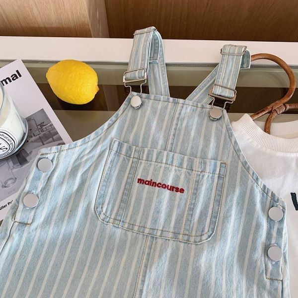 刷舊豎條紋水洗牛仔吊帶褲 