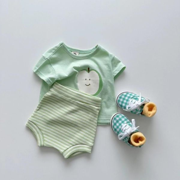 荷包蛋/蘋果上衣+條紋包屁短褲套裝 