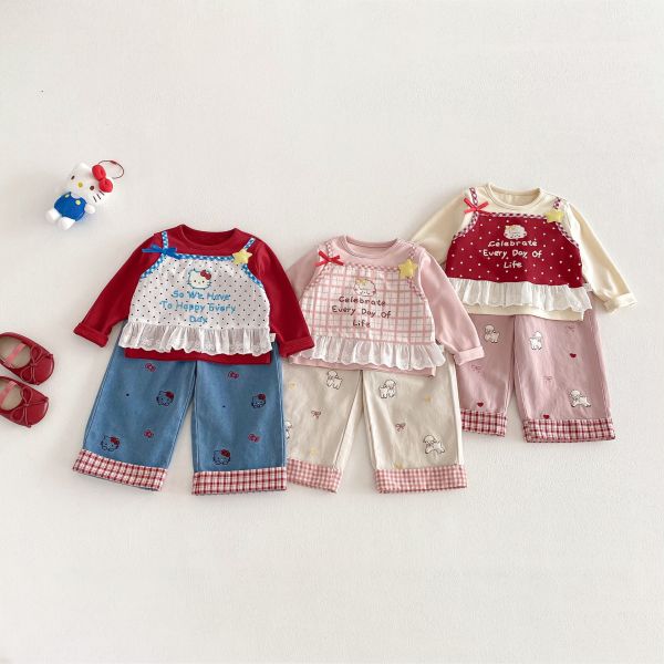 蝴蝶結/小羊格紋反折直筒長褲 