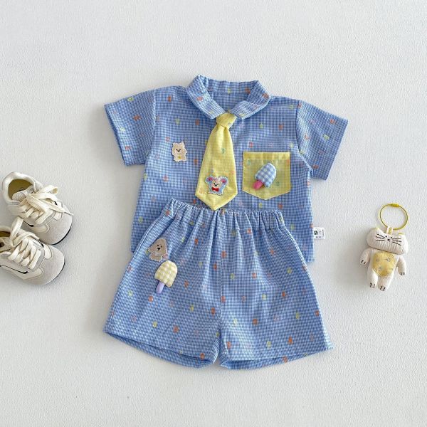 可愛娃娃領帶格紋兩件式套裝 