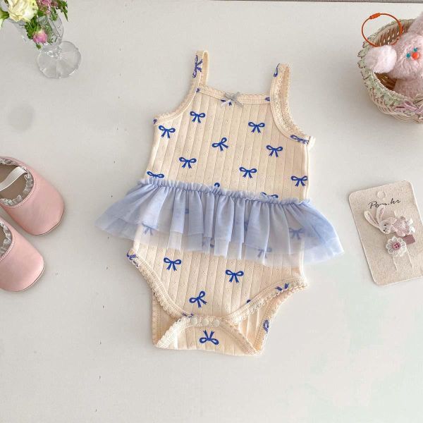 螺紋愛心/蝴蝶結網紗拼接包屁衣 