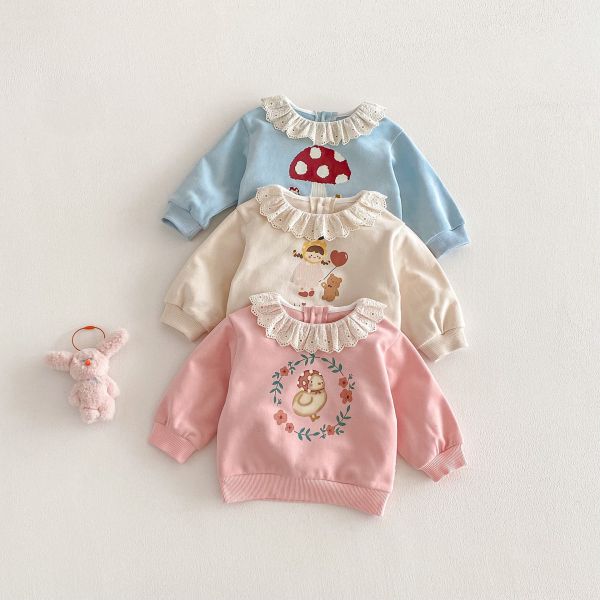 蕾絲領卡通上衣/條紋喇叭彈力褲 