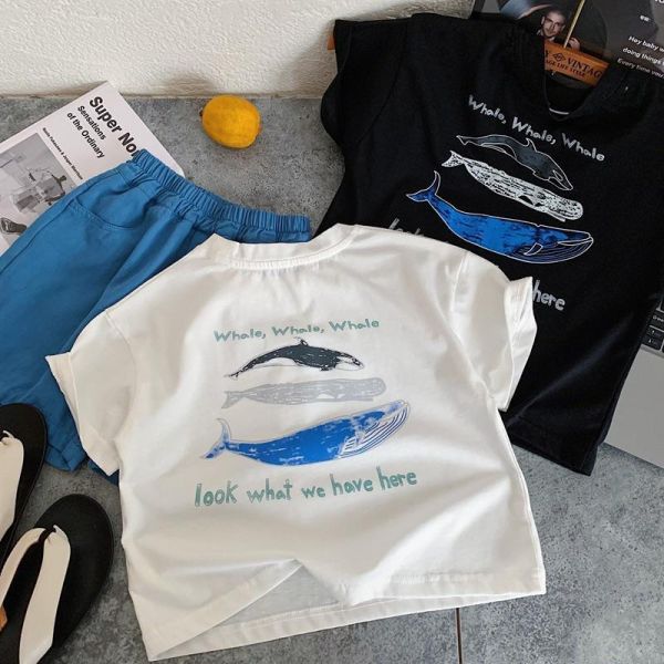海洋動物鯨魚印花素色上衣 