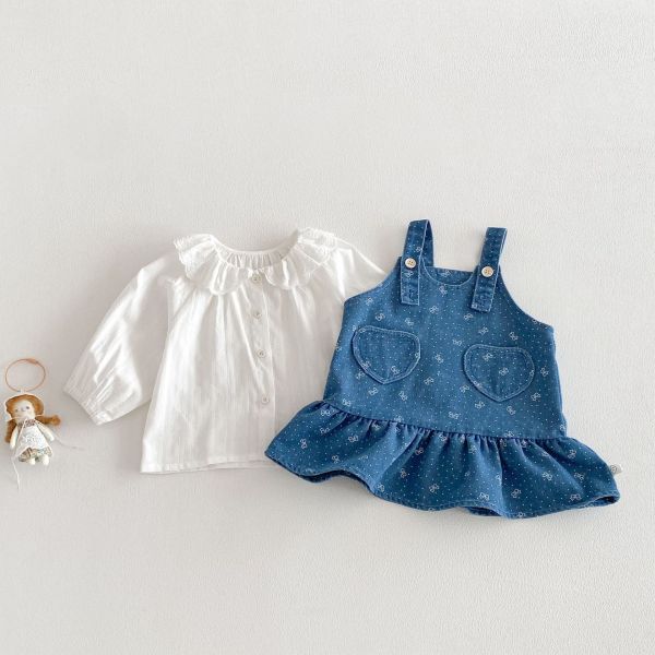 荷葉領打底上衣/蝴蝶結荷葉牛仔吊帶裙 