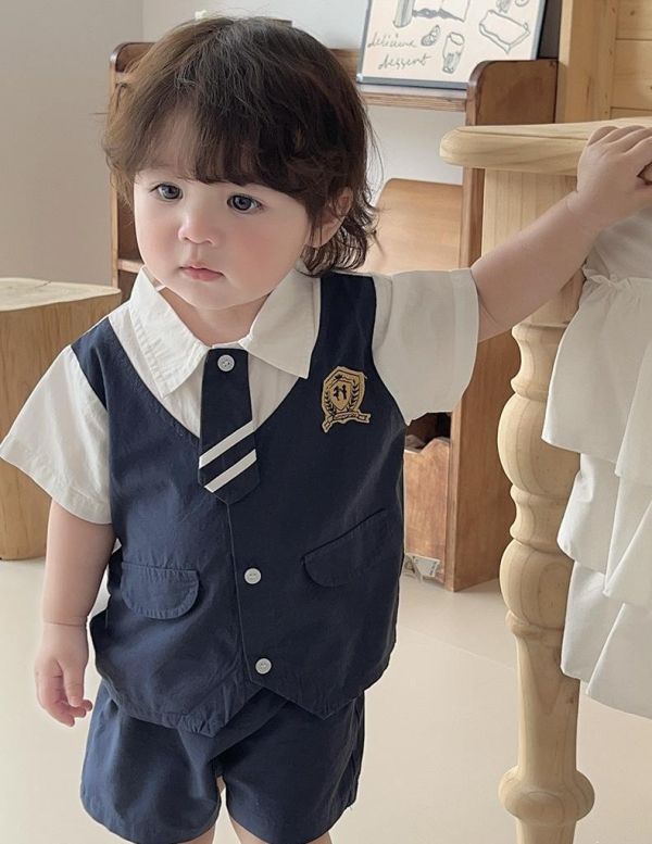 學院風假兩件上衣襯衫+短褲套裝 