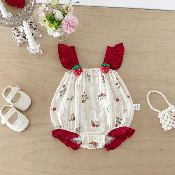 可愛草莓抓皺棉背帶包屁衣 