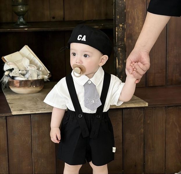 可拆式大象領帶襯衫+西裝吊帶短褲套裝 