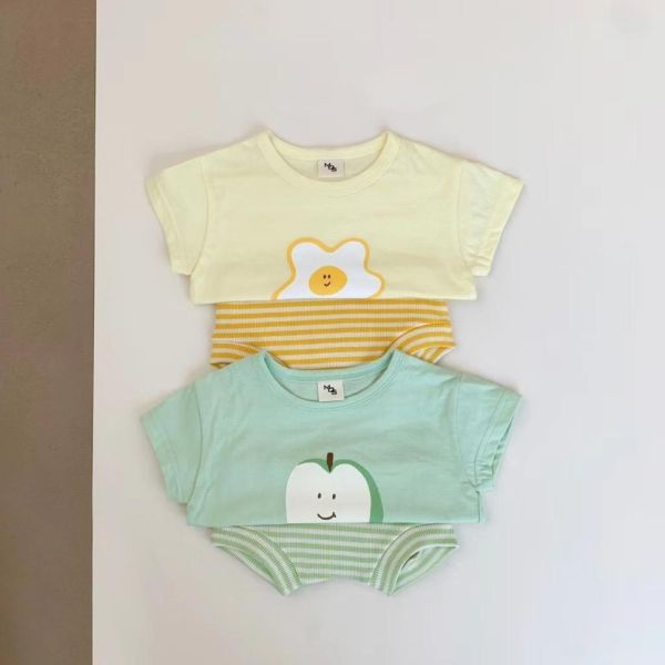 荷包蛋/蘋果上衣+條紋包屁短褲套裝 