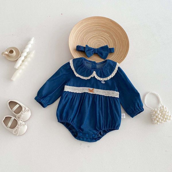 娃娃領蕾絲牛仔包屁衣(含髮帶) 