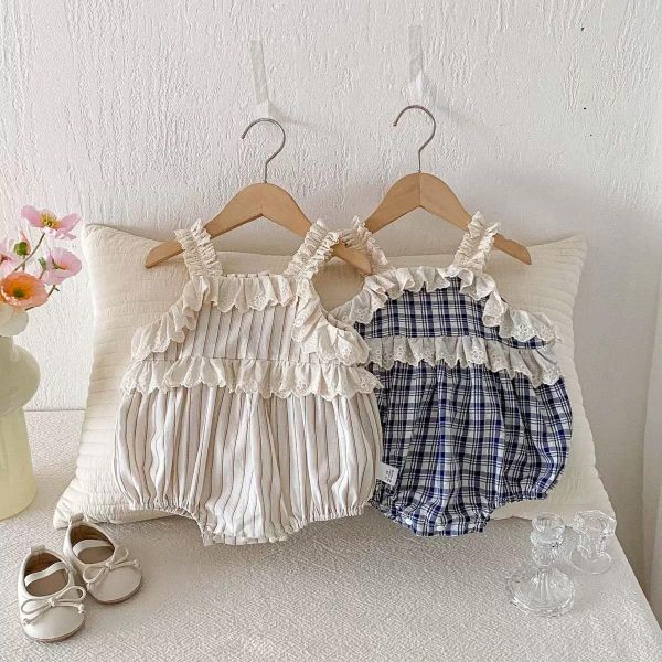 蕾絲拼接格紋/條紋背帶包屁衣 