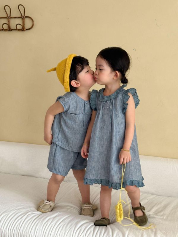 男女童刷舊水洗紋套裝/連身裙 