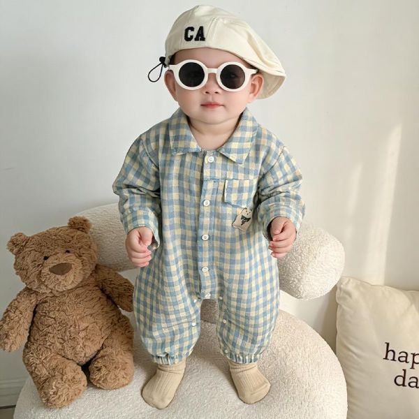 格紋小熊單口袋居家/外出連身裝 