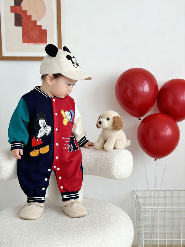 米奇唐老鴨亮眼撞色開釦連身裝 