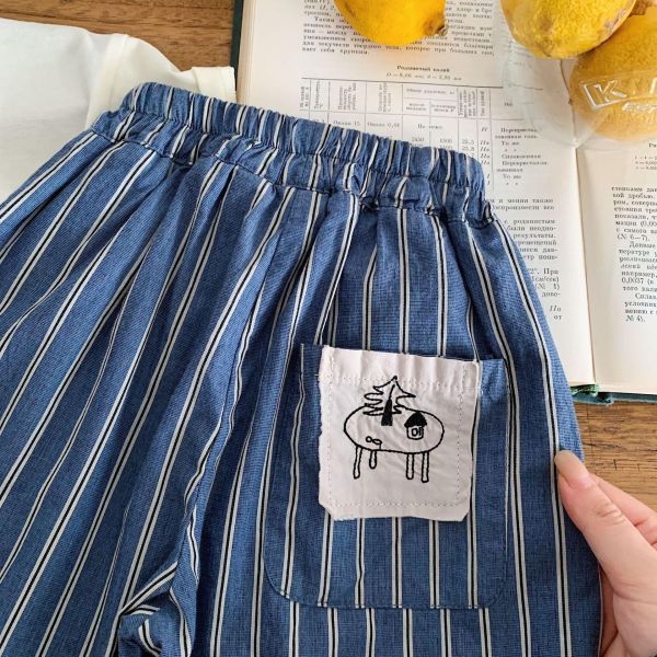 豎條紋口袋貼布薄款九分長褲 