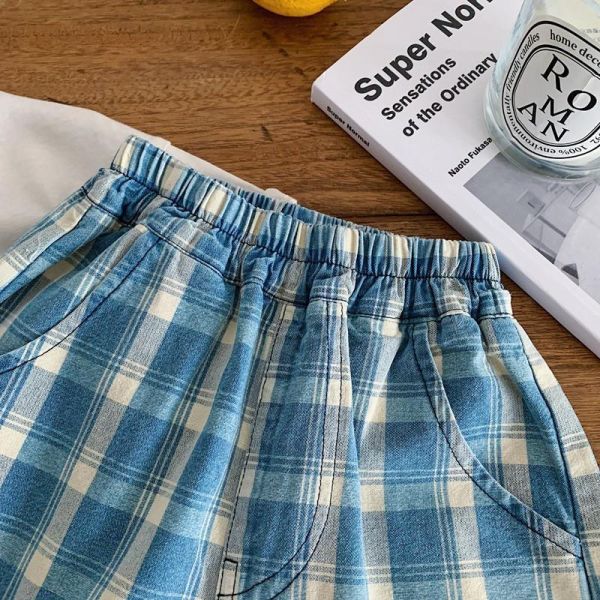 復古古著格紋五分短褲 