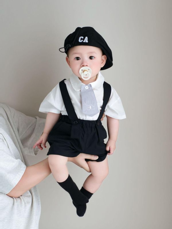 可拆式大象領帶襯衫+西裝吊帶短褲套裝 