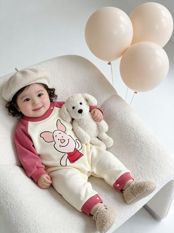 撞色拚袖粉紅小豬連身裝 