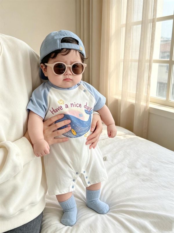 海洋鯨魚印花拼袖連身裝 