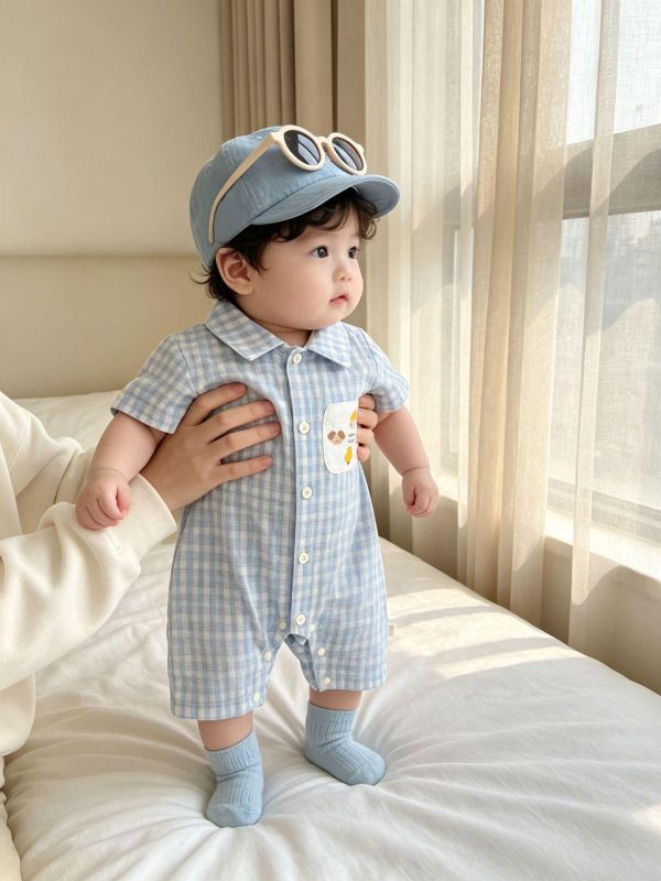 塗鴉貼布格紋翻領連身裝 