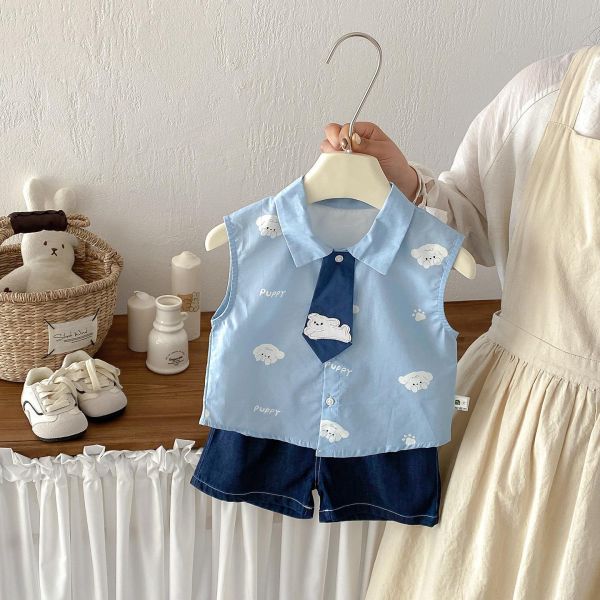 雲朵狗狗領帶背心襯衫/牛仔短褲 