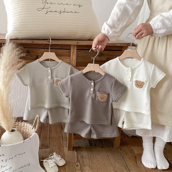 素色華夫格小熊單口袋彈力套裝 