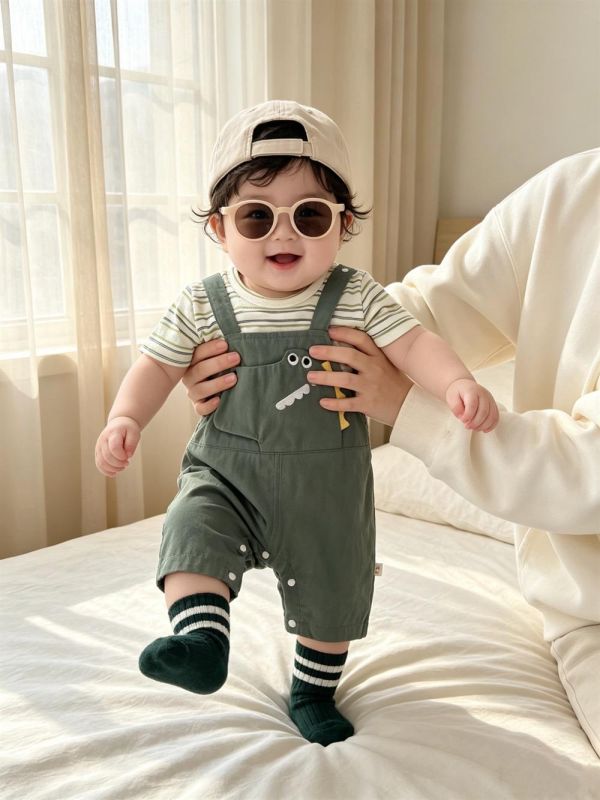 假兩件條紋恐龍吊帶連身裝 