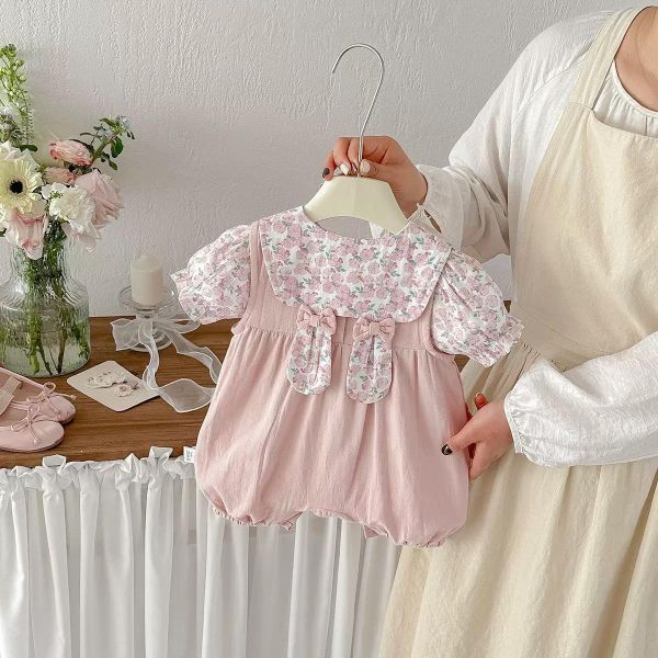 碎花兔耳上衣+粉嫩兔子連身褲套裝 