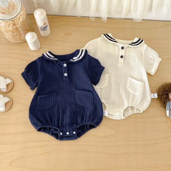 海軍風翻領棉麻雙扣包屁衣 