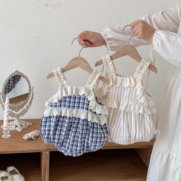 蕾絲拼接格紋/條紋背帶包屁衣 